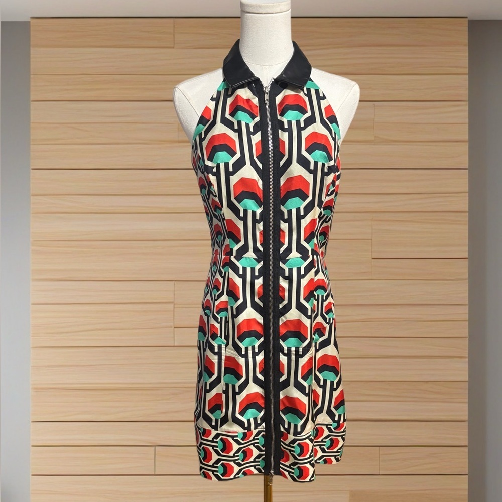Milly of New York Silk Leather Halter Dress Geometric Mod Zip Front Size 6